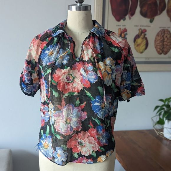 Floral gauzy vintage tie neck peter pan collar blouse M - Picture 1 of 15